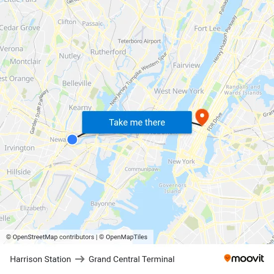 Harrison Station to Grand Central Terminal map