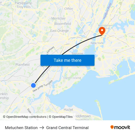 Metuchen Station to Grand Central Terminal map