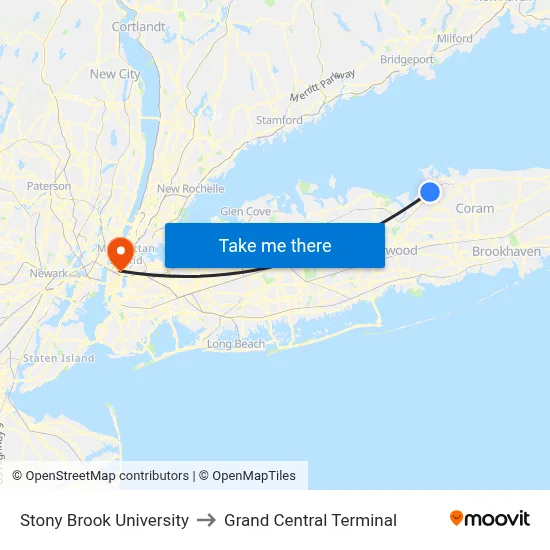Stony Brook University to Grand Central Terminal map