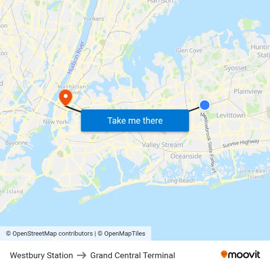 Westbury Station to Grand Central Terminal map
