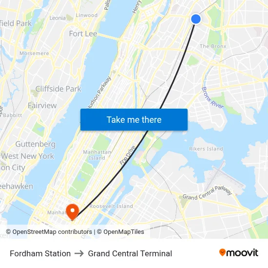 Fordham Station to Grand Central Terminal map