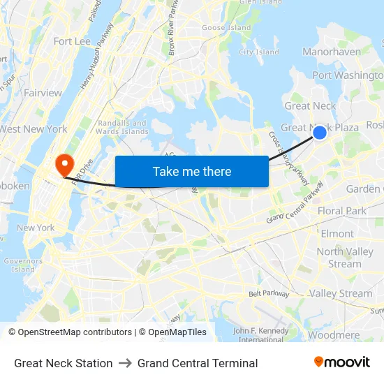 Great Neck Station to Grand Central Terminal map