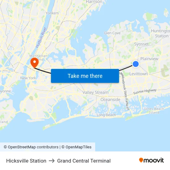 Hicksville Station to Grand Central Terminal map