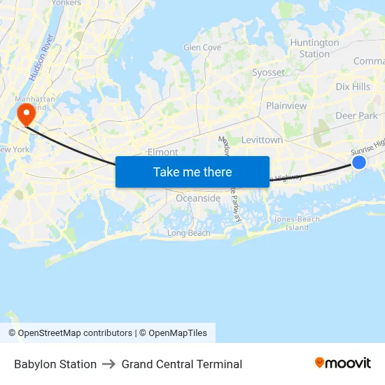 Babylon Station to Grand Central Terminal map