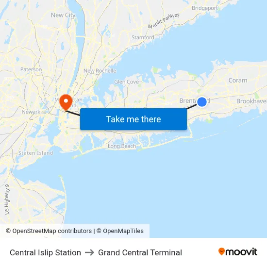 Central Islip Station to Grand Central Terminal map