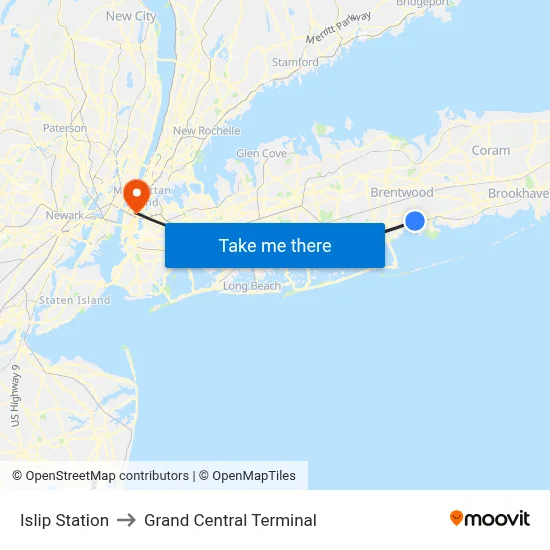 Islip Station to Grand Central Terminal map