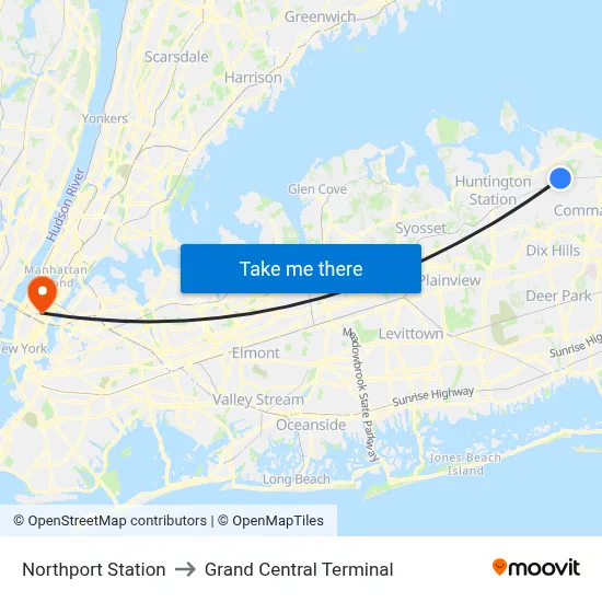 Northport Station to Grand Central Terminal map