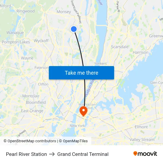 Pearl River Station to Grand Central Terminal map