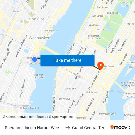 Sheraton Lincoln Harbor Weehawken to Grand Central Terminal map