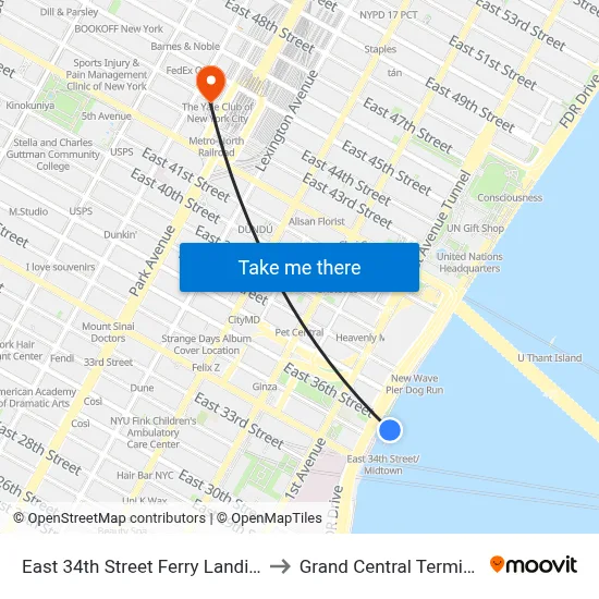 East 34th Street Ferry Landing to Grand Central Terminal map