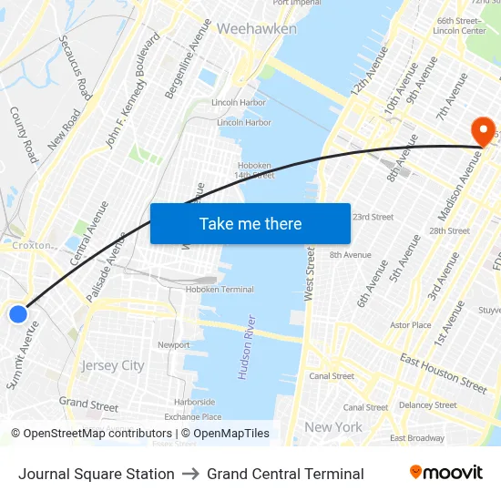 Journal Square Station to Grand Central Terminal map
