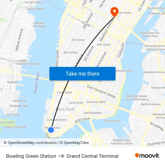 Bowling Green Station to Grand Central Terminal map
