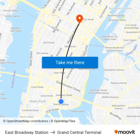 East Broadway Station to Grand Central Terminal map