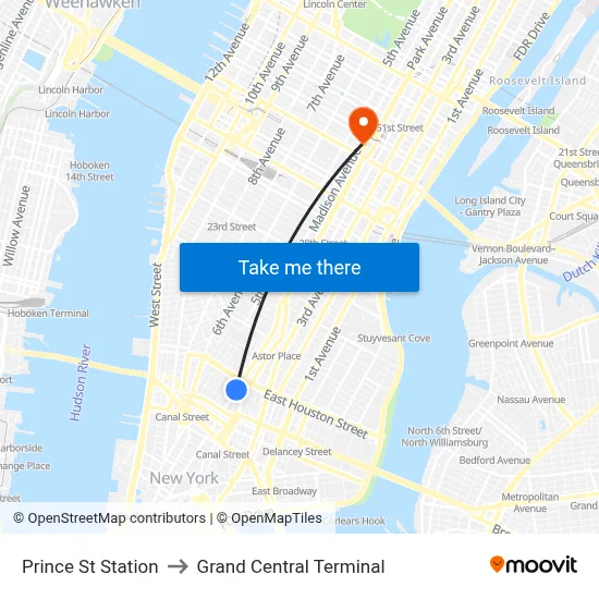 Prince St Station to Grand Central Terminal map