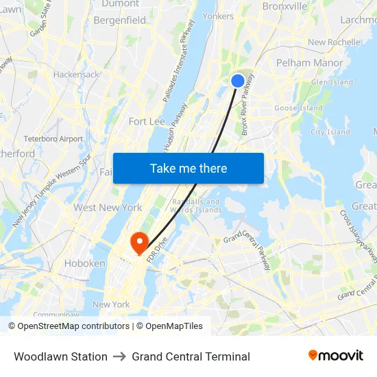 Woodlawn Station to Grand Central Terminal map