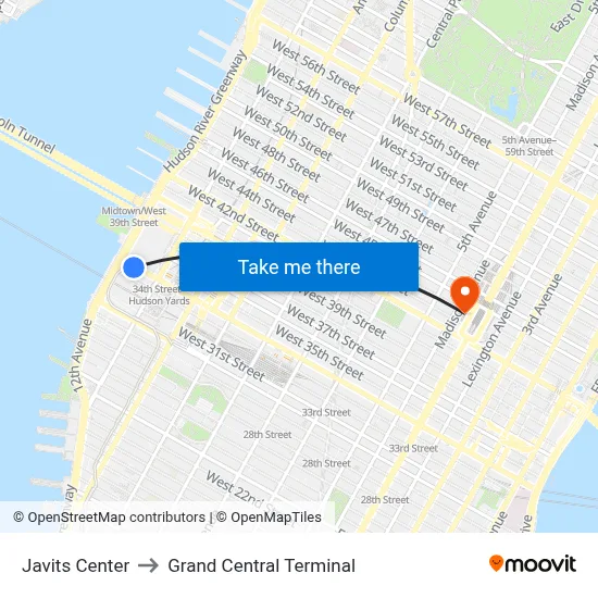 Javits Center to Grand Central Terminal map