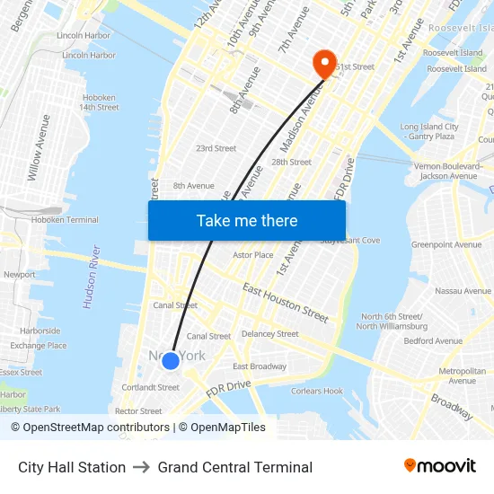City Hall Station to Grand Central Terminal map