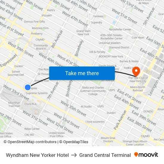 Wyndham New Yorker Hotel to Grand Central Terminal map