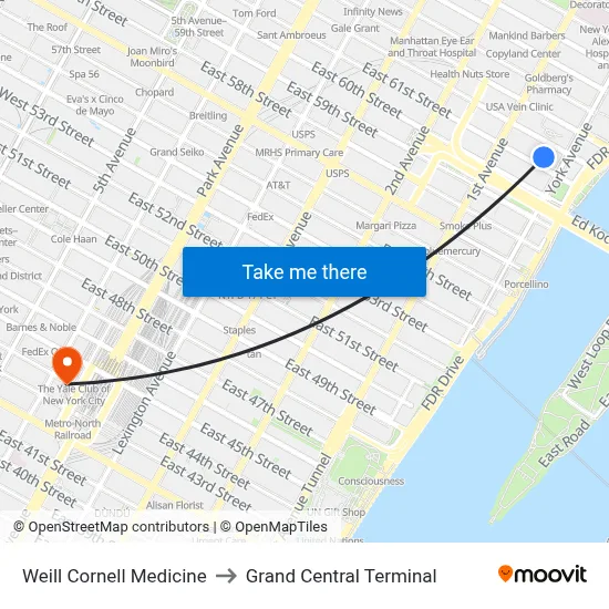 Weill Cornell Medicine, 425 E 61st St to Grand Central Terminal map