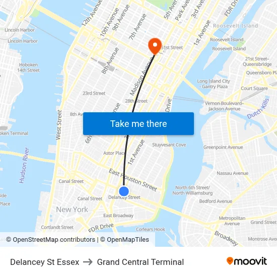 Delancey St Essex, New York, NY 10002 to Grand Central Terminal map