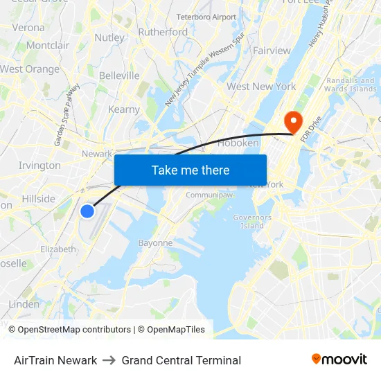 AirTrain Newark to Grand Central Terminal map