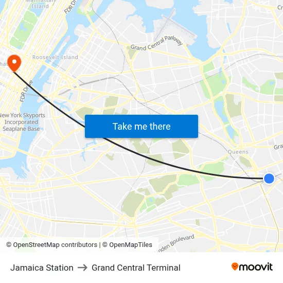 Jamaica Station to Grand Central Terminal map