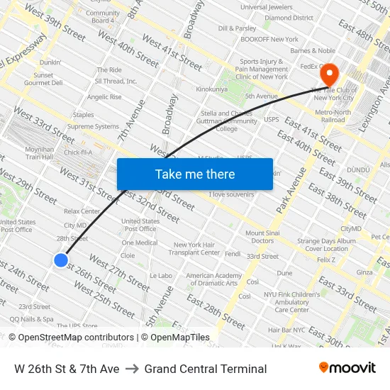 W 26th St & 7th Ave to Grand Central Terminal map
