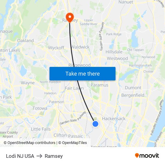 Lodi NJ USA to Ramsey map