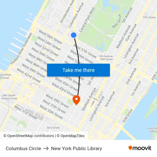 Columbus Circle to New York Public Library map