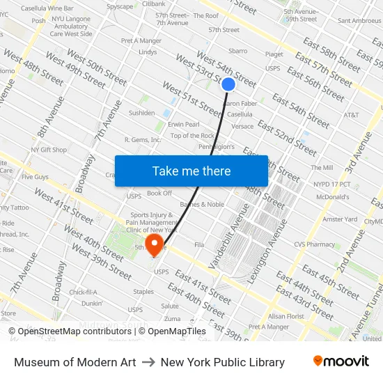 Museum of Modern Art to New York Public Library map