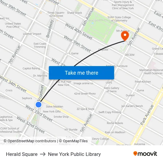 Herald Square to New York Public Library map