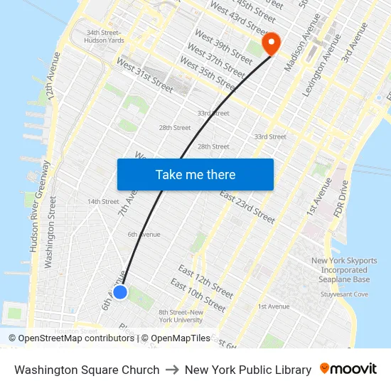 Washington Square Church to New York Public Library map