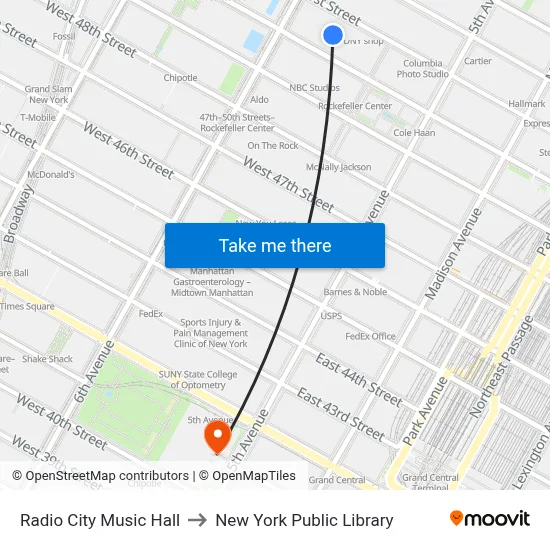 Radio City Music Hall to New York Public Library map