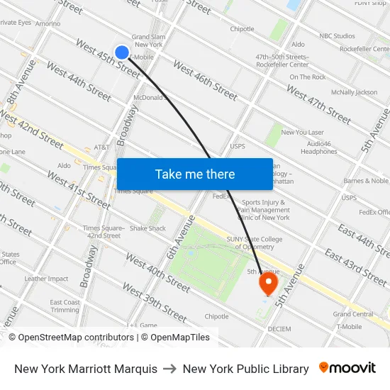 New York Marriott Marquis to New York Public Library map