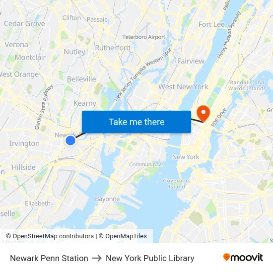 Newark Penn Station to New York Public Library map