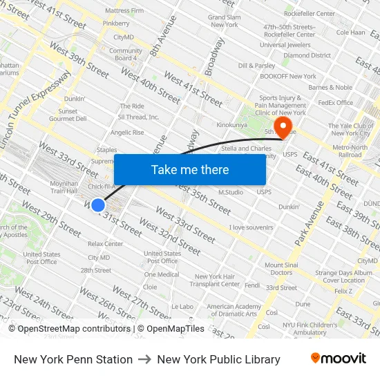New York Penn Station to New York Public Library map