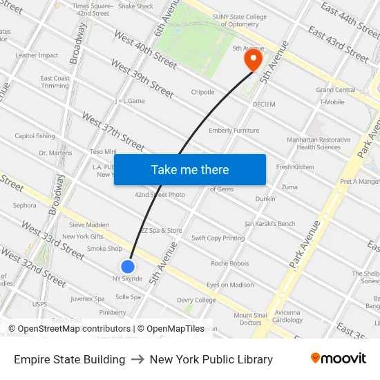 Empire State Building to New York Public Library map