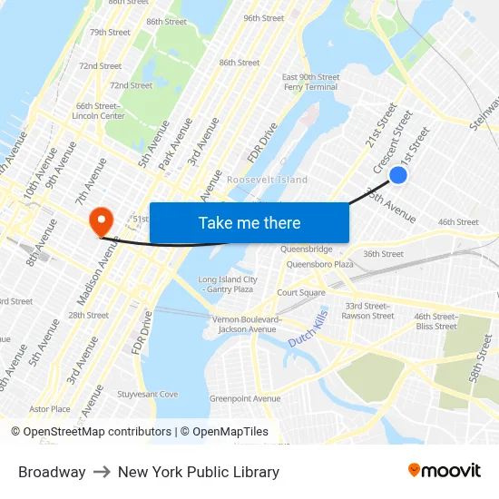 Broadway to New York Public Library map