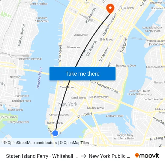 Staten Island Ferry - Whitehall Terminal to New York Public Library map