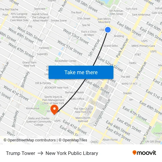 Trump Tower to New York Public Library map