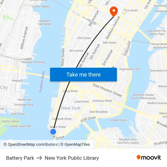 Battery Park to New York Public Library map