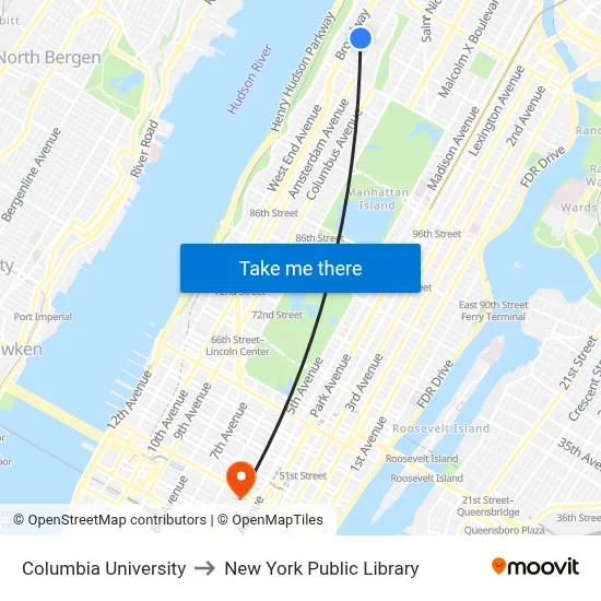Columbia University to New York Public Library map