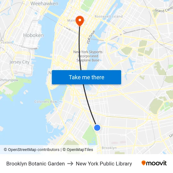Brooklyn Botanic Garden to New York Public Library map