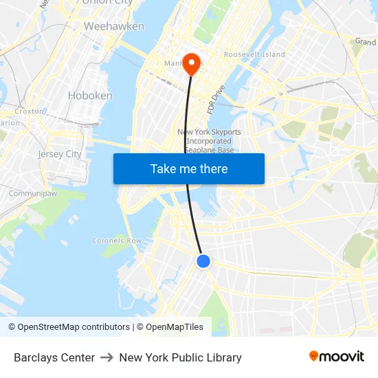Barclays Center to New York Public Library map