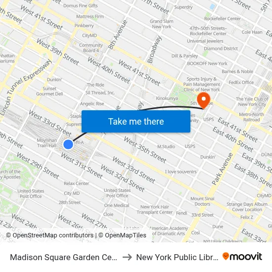 Madison Square Garden Center to New York Public Library map