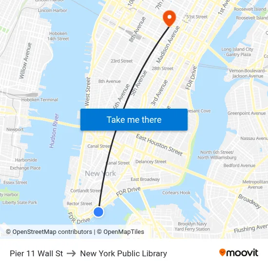 Pier 11 Wall St to New York Public Library map