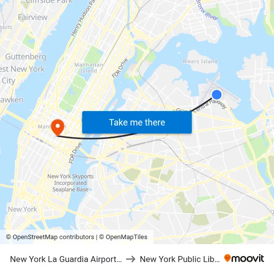 New York La Guardia Airport LGA to New York Public Library map