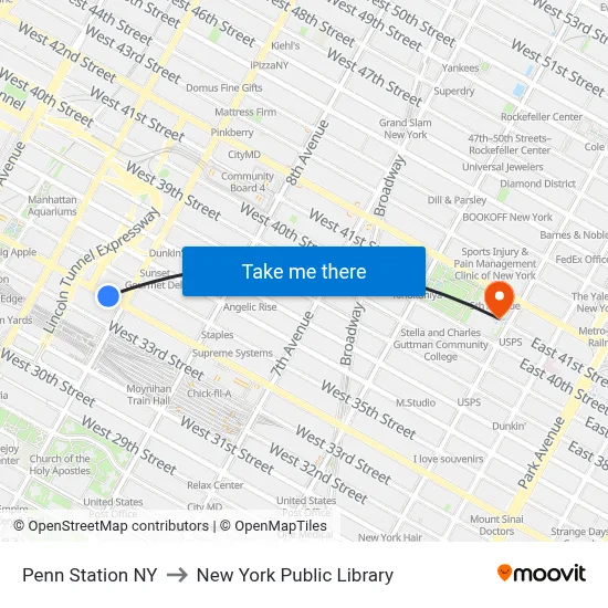 Penn Station NY to New York Public Library map