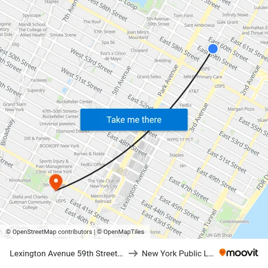 Lexington Avenue 59th Street Station to New York Public Library map