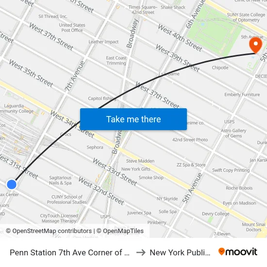 Penn Station 7th Ave Corner of W 30th Street to New York Public Library map